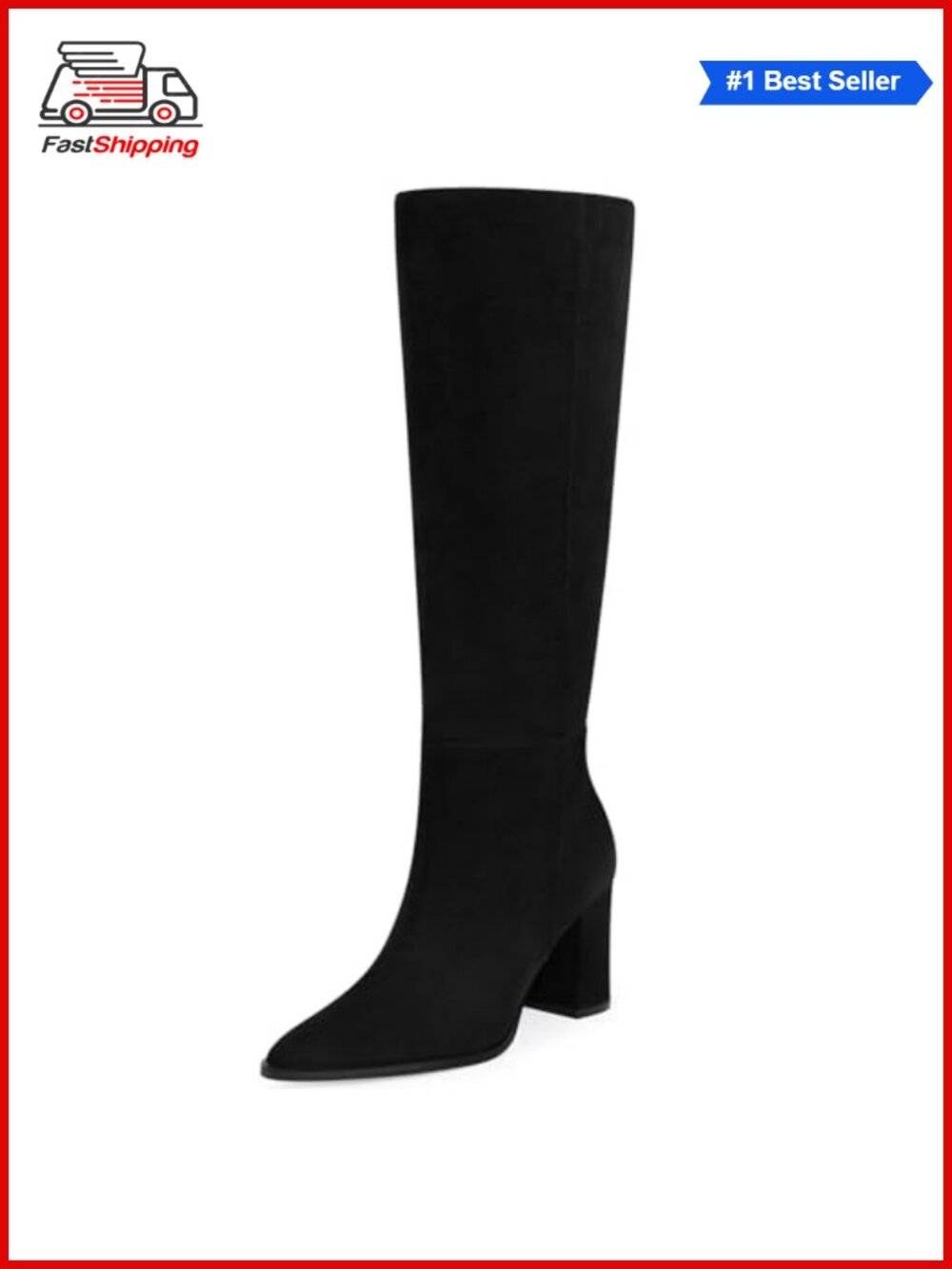Women's Pointed Toe Knee High Boots Chunky Block Heel Zip Suede